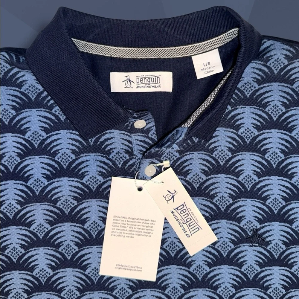 Original Penguin Palm Print Polo Shirt Men’s Large - NWT Dark Sapphire Blue - Picture 3 of 10